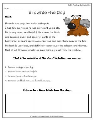 Preview image for worksheet with title Brownie the Dog (Main Idea)