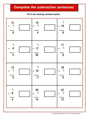 Preview image for worksheet with title Complete the Subtraction Sentences