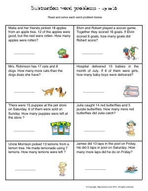 Preview image for worksheet with title Subtraction Word Problems - up to 18