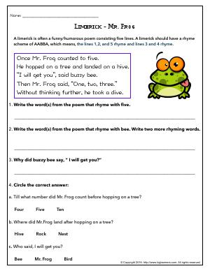 Preview image for worksheet with title Limerick - Mr. Frog