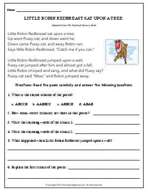 Preview image for worksheet with title Little Robin Redbreast Sat Upon a Tree