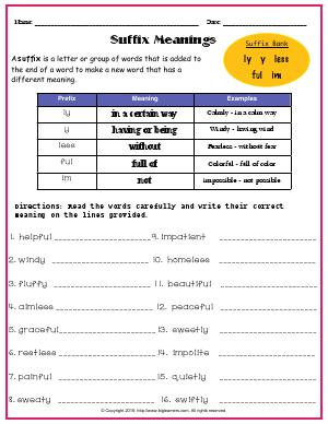 Preview image for worksheet with title Suffix Meanings