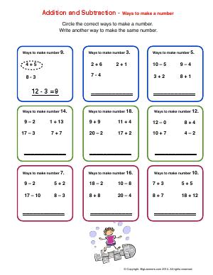 Preview image for worksheet with title Addition and Subtraction - ways to make a number