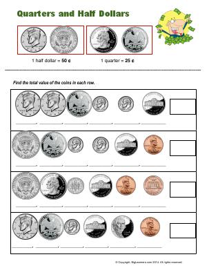 Preview image for worksheet with title Quarters and Half Dollars