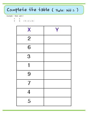 Preview image for worksheet with title Complete the Table ( Rule : add 2 )