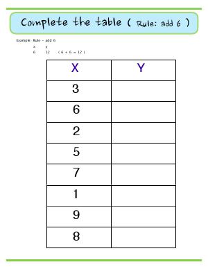 Preview image for worksheet with title Complete the Table ( Rule : add 6 )