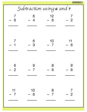 Preview image for worksheet with title Subtraction Using 6 and 7