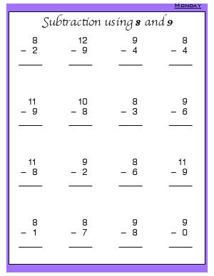 Preview image for worksheet with title Subtraction Using 8 and 9
