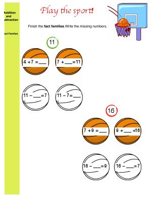 Preview image for worksheet with title Play the Sport!  (addition and subtraction fact families)