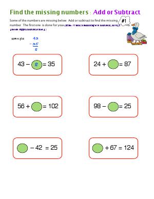 Preview image for worksheet with title Find The Missing Numbers : Add or Subtract