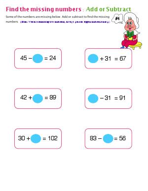 Preview image for worksheet with title Find The Missing Numbers : Add or Subtract ( # 4 )