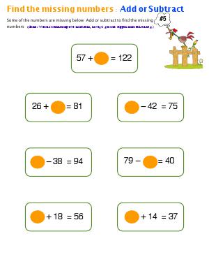 Preview image for worksheet with title Find The Missing Numbers : Add or Subtract ( # 5 )
