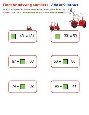 Preview image for worksheet with title Find the Missing Numbers : Add or Subtract ( # 6 )