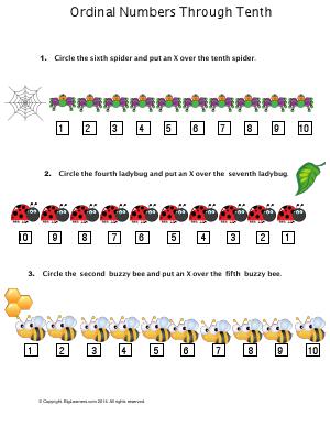 Preview image for worksheet with title Ordinal numbers Through Tenth