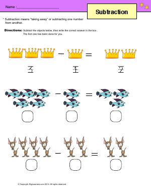 Preview image for worksheet with title Subtraction ( up to 5 )