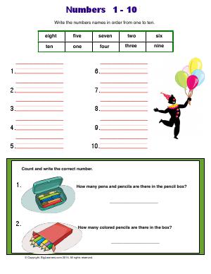 Preview image for worksheet with title Numbers 1 - 10