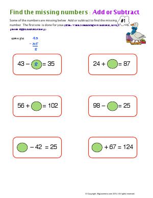 Preview image for worksheet with title Find the Miissing Numbers: Add or Subtract