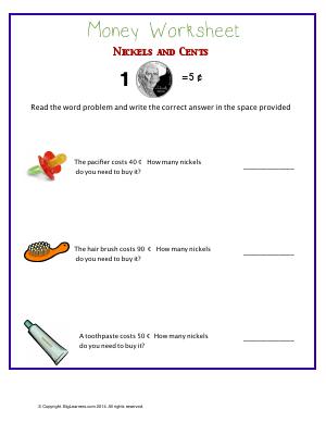 Preview image for worksheet with title Money Worksheet : Nickels and Cents