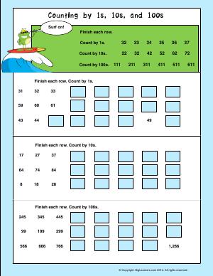 Preview image for worksheet with title Counting by 1s, 10s, and 100s.
