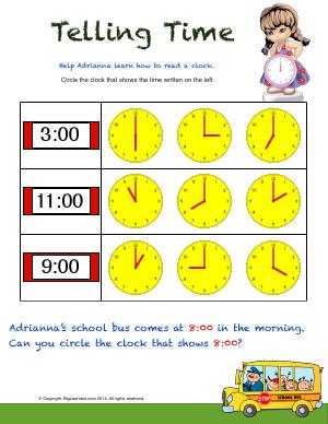 Preview image for worksheet with title Telling Time