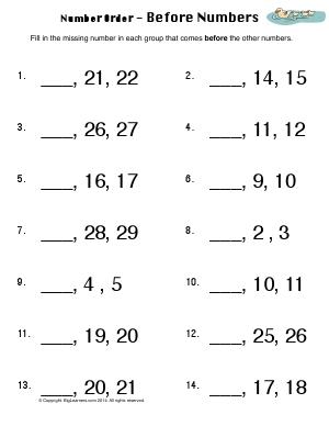 Preview image for worksheet with title Number Order - Before Numbers