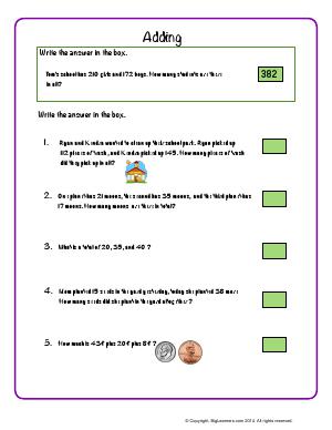 Preview image for worksheet with title Adding