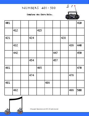 Preview image for worksheet with title Numbers 401 - 500