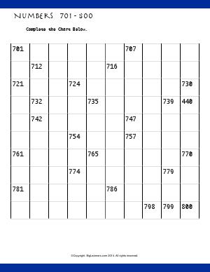 Preview image for worksheet with title Numbers 701 - 800