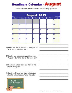 Preview image for worksheet with title Raeding a Calendar - August