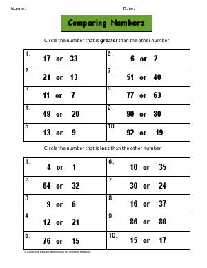 Preview image for worksheet with title Comparing Numbers