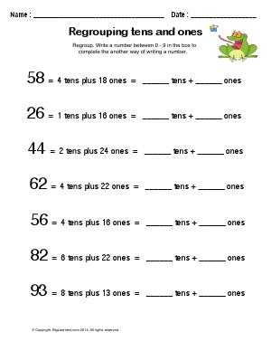 Preview image for worksheet with title Regrouping Tens and Ones