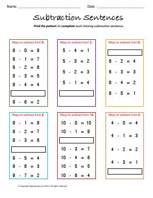 Preview image for worksheet with title Subtraction Sentences