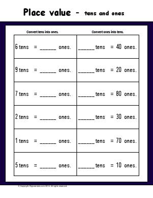 Preview image for worksheet with title Place Value - Tens and ones