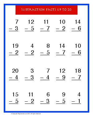 Preview image for worksheet with title Subtraction Facts up to 20