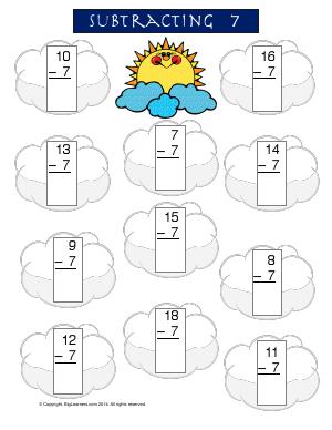 Preview image for worksheet with title Subtracting 7 ( Sun and Clouds Theme )