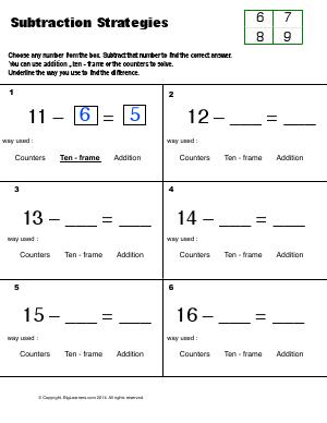 Preview image for worksheet with title Subtraction Strategies