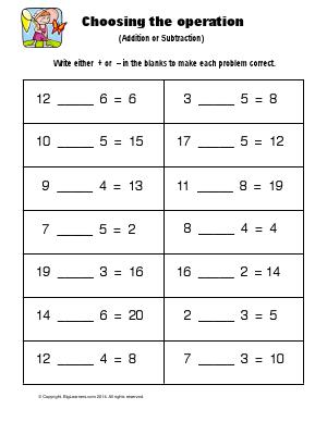 Preview image for worksheet with title Choosing the Operation