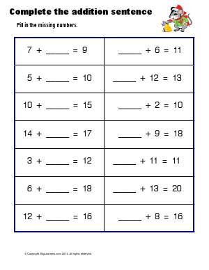 Preview image for worksheet with title Complete the Addition Sentences
