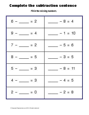 Preview image for worksheet with title Complete the Subtraction Sentence