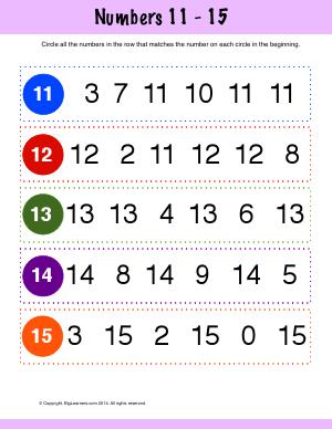 Preview image for worksheet with title Numbers 11 - 15