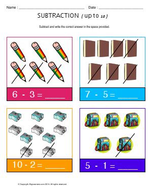 Preview image for worksheet with title Subtraction ( Up to 10 )