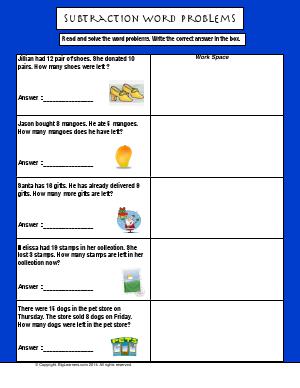 Preview image for worksheet with title Subtraction Word Problems
