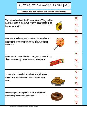 Preview image for worksheet with title Subtraction Word Problems