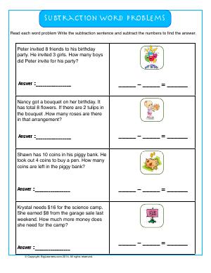 Preview image for worksheet with title Subtraction Word Problems