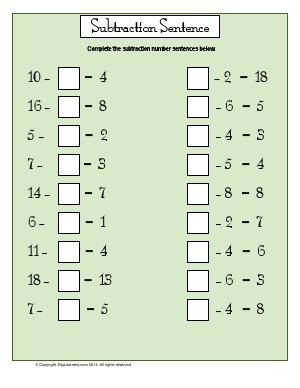 Preview image for worksheet with title Subtraction Sentence