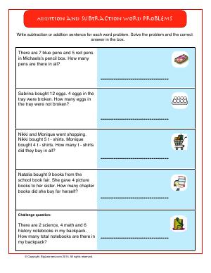 Preview image for worksheet with title Addition and Subtraction Word Problems