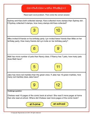 Preview image for worksheet with title Comparison Word Problems