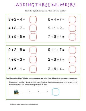 Preview image for worksheet with title Adding Three Numbers