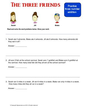Preview image for worksheet with title The Three Friends ( Three Number Addition )