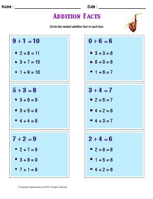 Preview image for worksheet with title Addition Facts